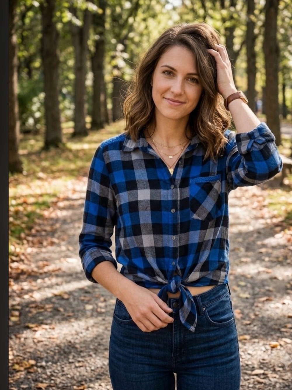 Route 66 Blue Black & Gray Plaid Lace Shoulder Button-Up Shirt – Size L